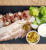 Salo and homemade corned brisket with horseradish and tartar sauce made from pickled cucumbers (200/80/30 g)