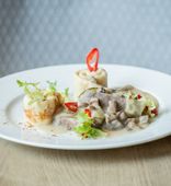 Pork with Homemade Pancakes and Creamy Wild Mushroom Sauce (220/100/25/1.5 g)