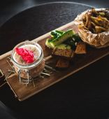 Jellied meat (Kholodets) with fried potatoes and lightly salted cucumber (200/150/120 g)