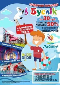 Скидка 50% в аквапарке «Лебяжий» при совершении покупки от 30,00 руб. в Буслике