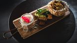 Jellied meat (Kholodets) with fried potatoes and lightly salted cucumber (200/150/120 g)
